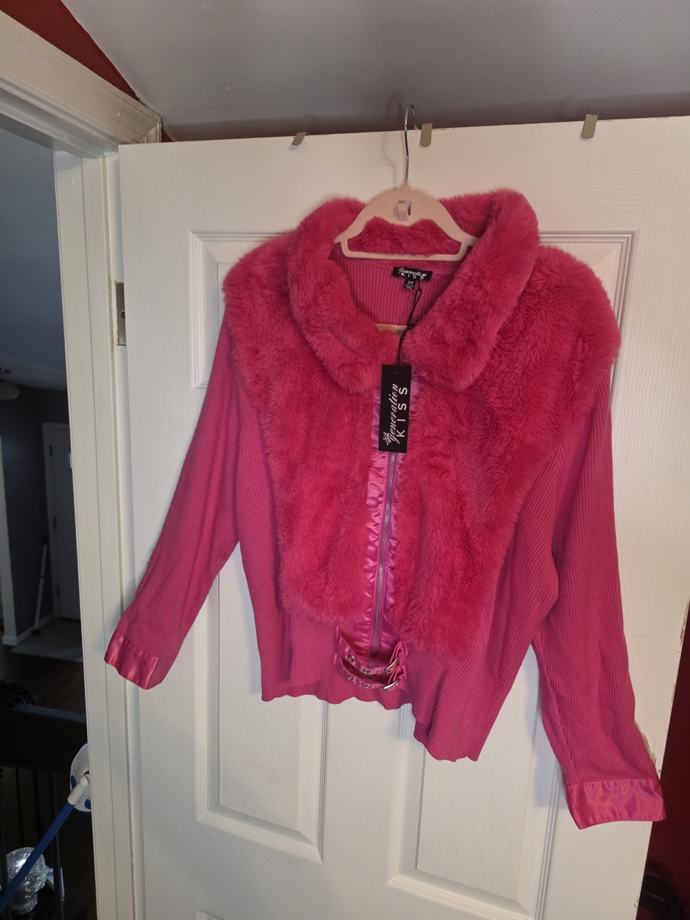 Kiss Hot Pink Teddy Zip-Front Jacket with Faux Fur Collar